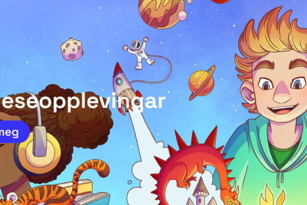 Skjermdump av velkomstmeldinga på lesedigg.no, viser teksten Magiske leseopplevingar og underteksten Finn ei bok til meg. Illustrasjonen viser eit lite univers av magi med folk, dyr, planetar.