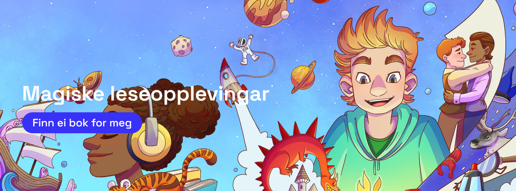 Skjermdump av velkomstmeldinga på lesedigg.no, viser teksten Magiske leseopplevingar og underteksten Finn ei bok til meg. Illustrasjonen viser eit lite univers av magi med folk, dyr, planetar.