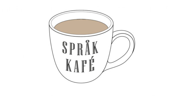 Kopp med teksten SPRÅKKAFÉ på. Illustrasjon