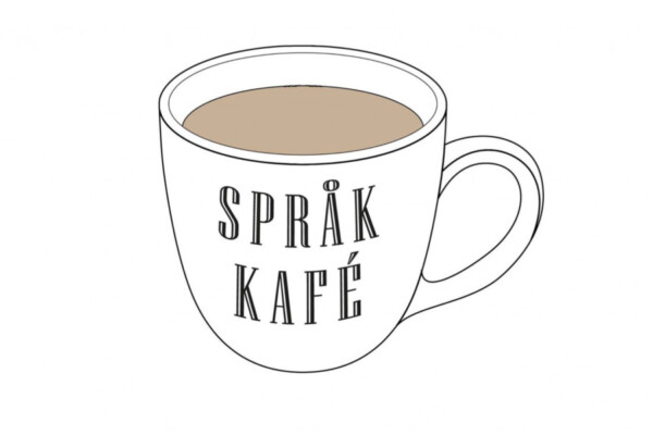 Kopp med teksten SPRÅKKAFÉ på. Illustrasjon