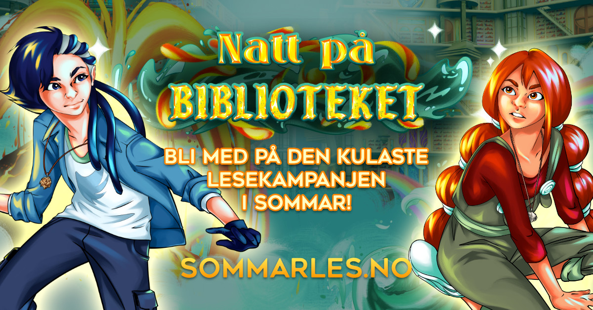 Plakat for Sommarles 2023 med illustrasjon av Astrid og Asbjørn, hovudpersonane i forteljinga i lesekampanjen