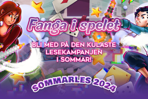 Banner for leseaksjonen Sommarles 2024. Hovudpersonane i forteljinga og påskrifta Fanga i spelet, bli med på sommarens kulaste lesekampanje