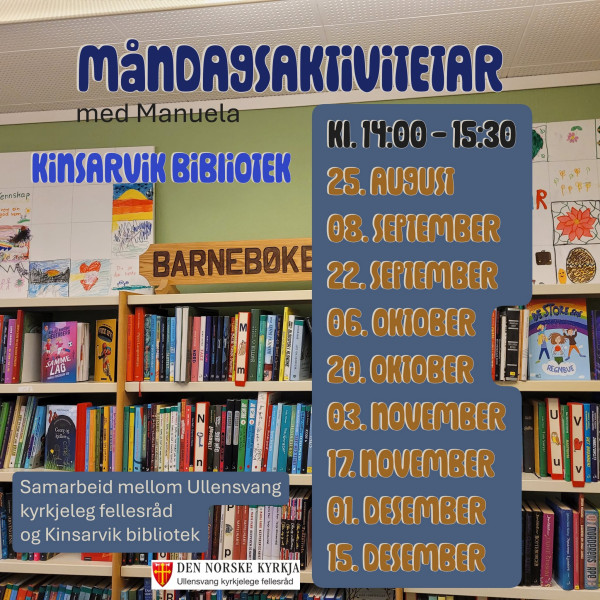 Plakat med bilete frå biblioteket med datoar for aktivitetane